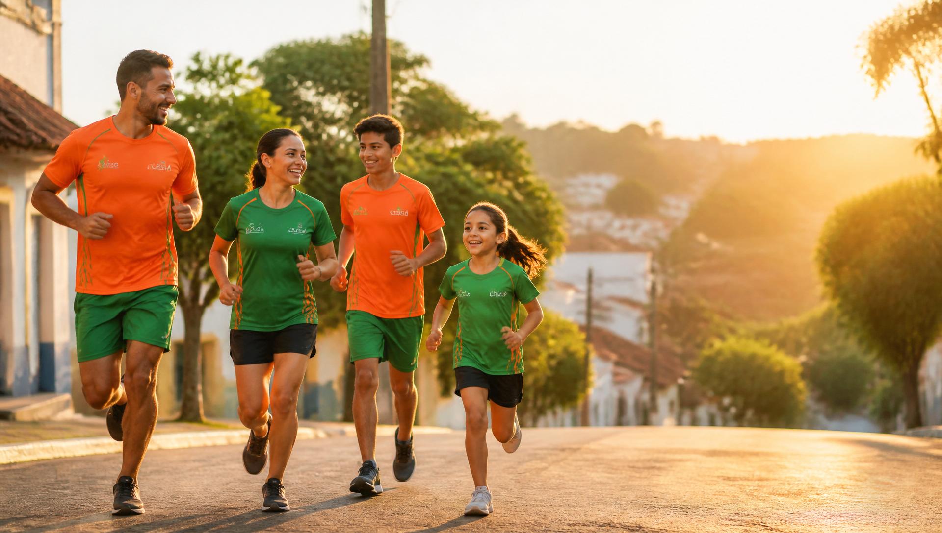 Família correndo com as camisetas oficiais da CEREIA 2026